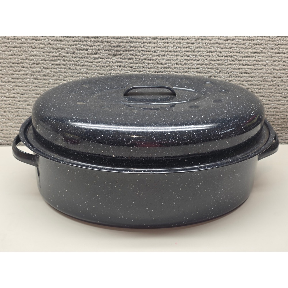 Granite Ware Oval Roaster Dark Blue Speckled‎ Enamel on Steel with Lid 15 Inch
